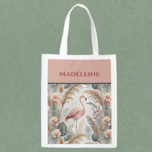 Flamingo and Foliage in Dusty Pink and Sage Grocery Bag