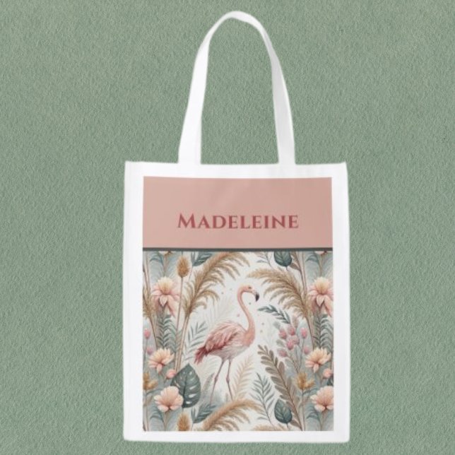 Flamingo and Foliage in Dusty Pink and Sage Grocery Bag (Creator Uploaded)