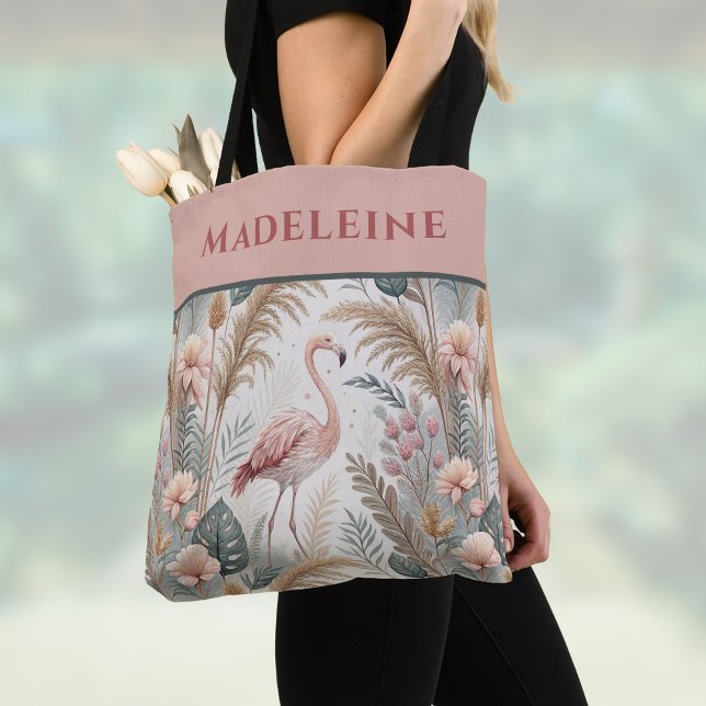 Flamingo and Foliage in Dusty Pink and Sage Tote Bag (Creator Uploaded)