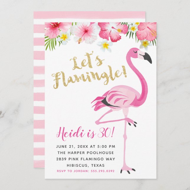 Flamingo and Hibiscus Birthday Party Invitation (Front/Back)