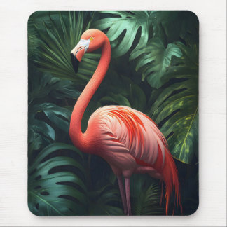 Flamingo and Jungle Leaves Mouse Pad