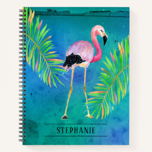 Flamingo and Palm Leaves Aqua Green Notebook