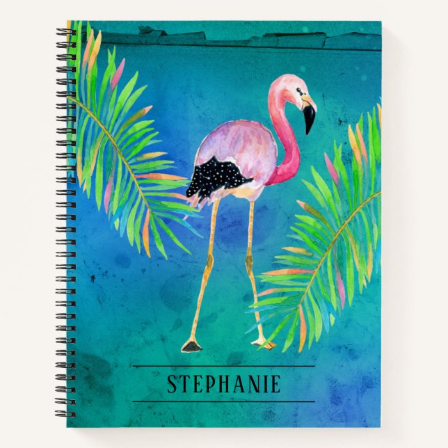 Flamingo and Palm Leaves Aqua Green Notebook (Front)