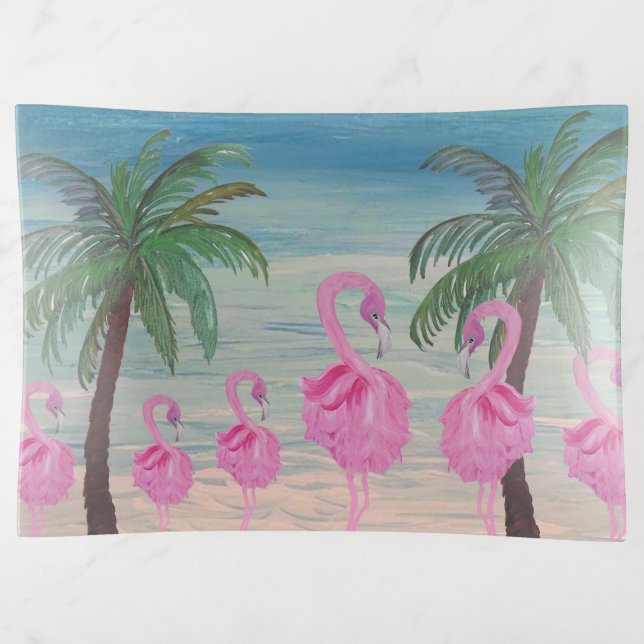 Flamingo and palm trees coastal  trinket tray (Front)