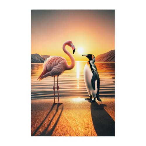 Flamingo and Penguin Sunset Encounter Acrylic Print