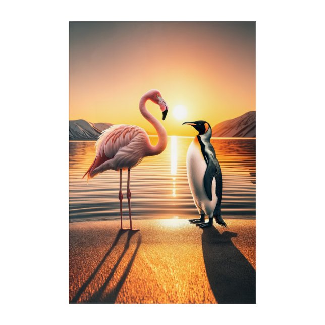 Flamingo and Penguin Sunset Encounter Acrylic Print (Front)