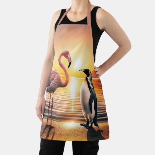 Flamingo and Penguin Sunset Encounter Apron