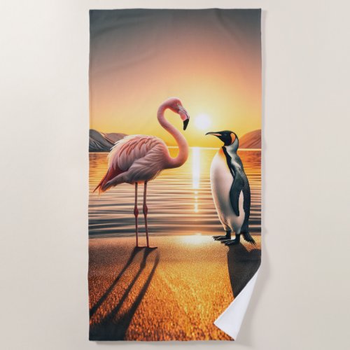 Flamingo and Penguin Sunset Encounter Beach Towel