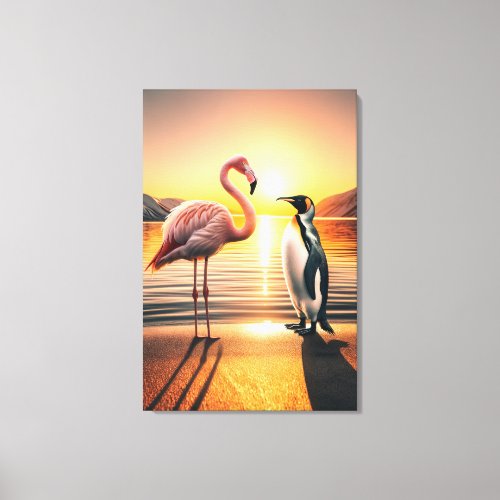 Flamingo and Penguin Sunset Encounter Canvas Print
