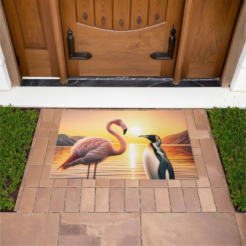 Flamingo and Penguin Sunset Encounter Doormat