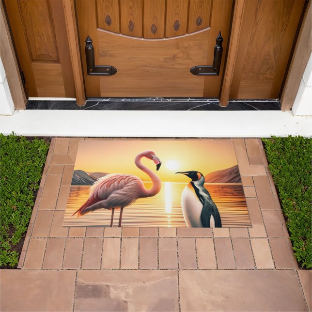 Flamingo and Penguin Sunset Encounter Doormat (Outdoor)