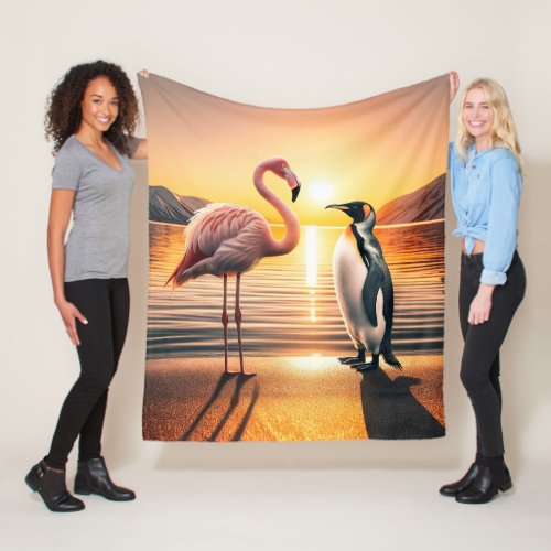 Flamingo and Penguin Sunset Encounter Fleece Blanket