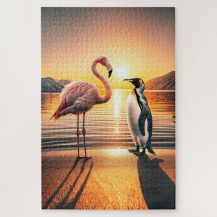Flamingo and Penguin Sunset Encounter Jigsaw Puzzle