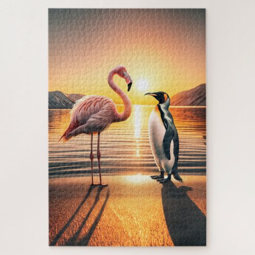 Flamingo and Penguin Sunset Encounter Jigsaw Puzzle