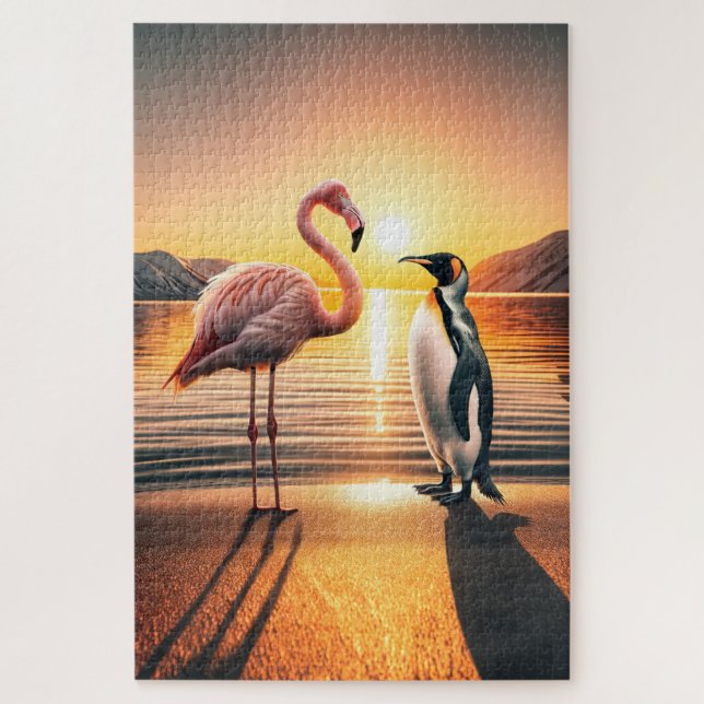 Flamingo and Penguin Sunset Encounter Jigsaw Puzzle (Vertical)