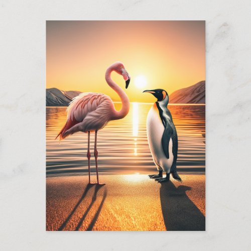 Flamingo and Penguin Sunset Encounter Postcard