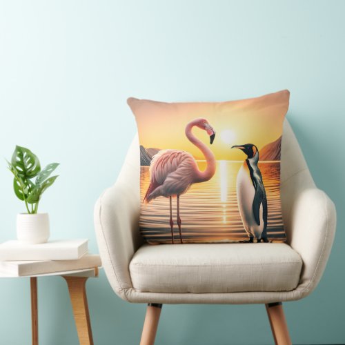 Flamingo and Penguin Sunset Encounter Throw Pillow