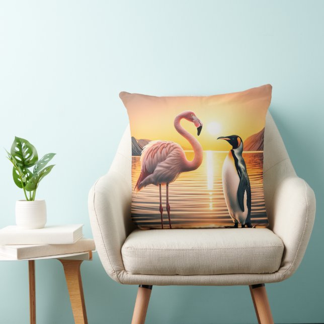 Flamingo and Penguin Sunset Encounter Throw Pillow (Chair)