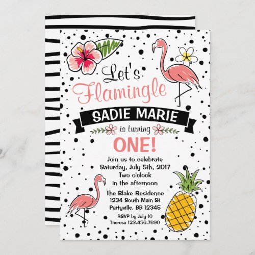 Flamingo and Pinapple Doodle Birthday Invitation