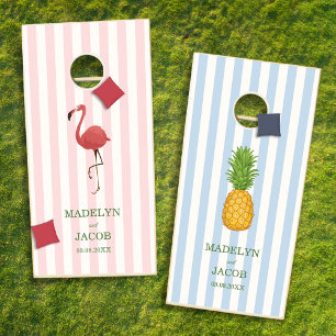 Flamingo and Pineapple Cabana Striped Wedding Cornhole Set