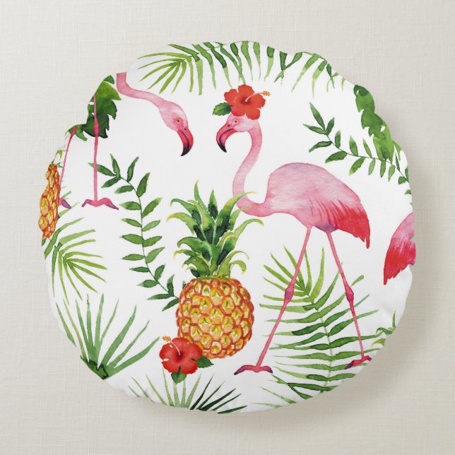 Flamingo and pineapple round pillow (Front)