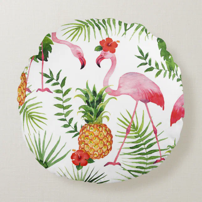 Flamingo and pineapple round pillow Zazzle