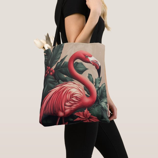 Flamingo and Poinsettia Tote Bag (Close Up)