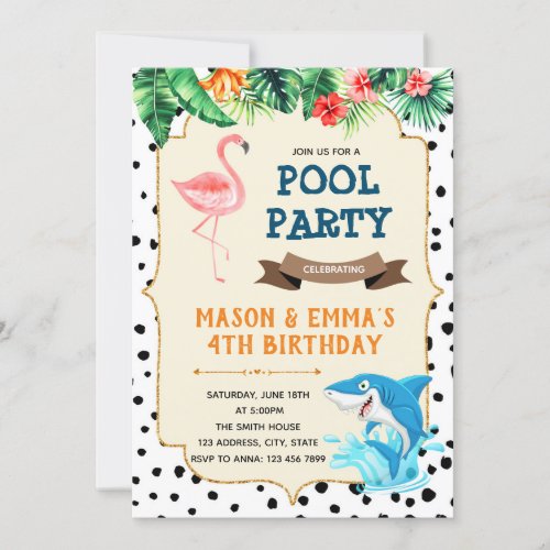 Flamingo and shark party invitation