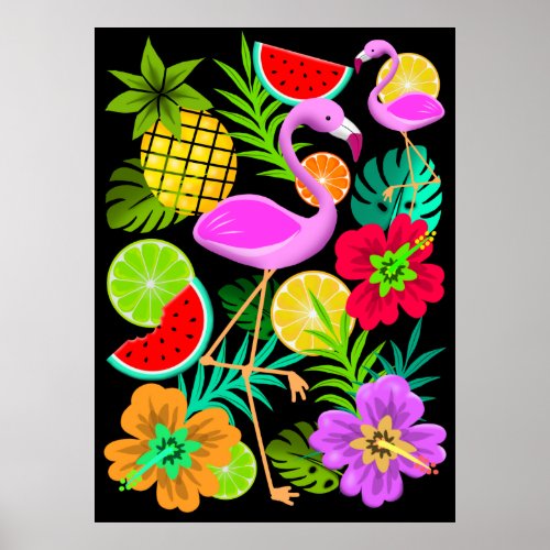 Flamingo and Summer Fruits Fun Pattern Poster