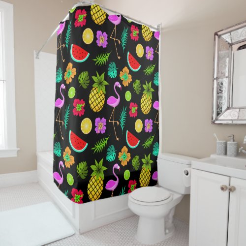 Flamingo and Summer Fruits Fun Pattern Shower Curtain