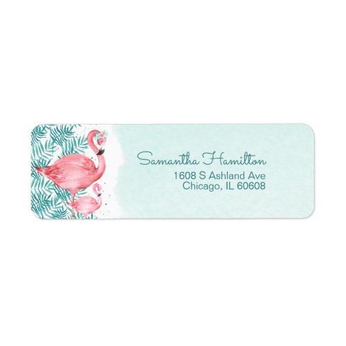 Flamingo and Teal Tropical Leaves Baby Shower Label