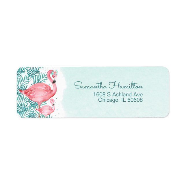 Flamingo and Teal Tropical Leaves Baby Shower Label (Front)