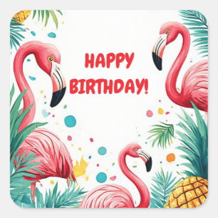 🦩 Flamingo And Tropical Flowers Summer Frame 🍍 Square Sticker