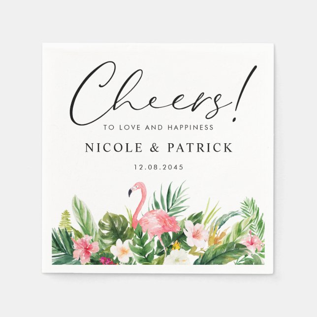 Flamingo and Tropical Flowers Summer Wedding Napkins (Front)