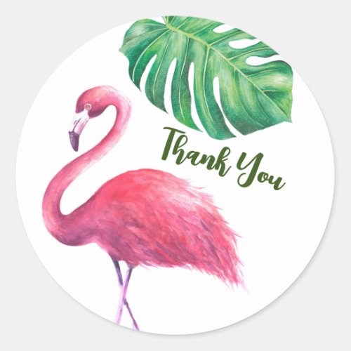 Flamingo and Tropical Leaves Thank You Classic Round Sticker