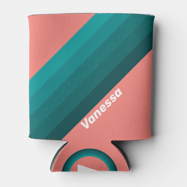 Flamingo Aqua Stripes with Name Can Cooler (Front)