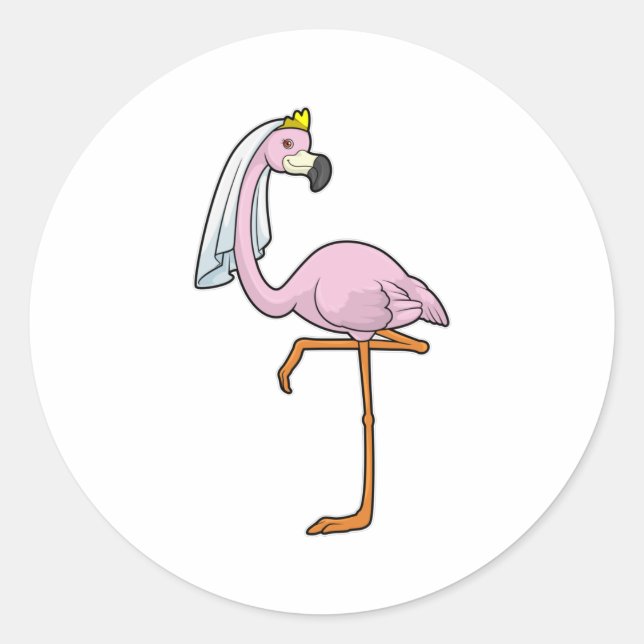 Flamingo as Bride at Wedding with Veil Classic Round Sticker (Front)