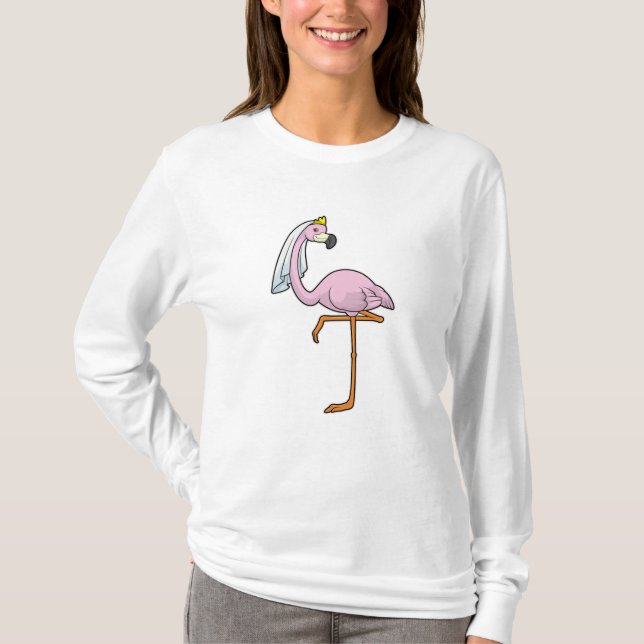 Flamingo as Bride at Wedding with Veil T-Shirt (Front)