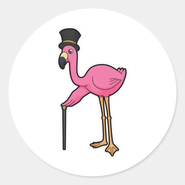 Flamingo as Groom with Hat & cane Classic Round Sticker (Front)