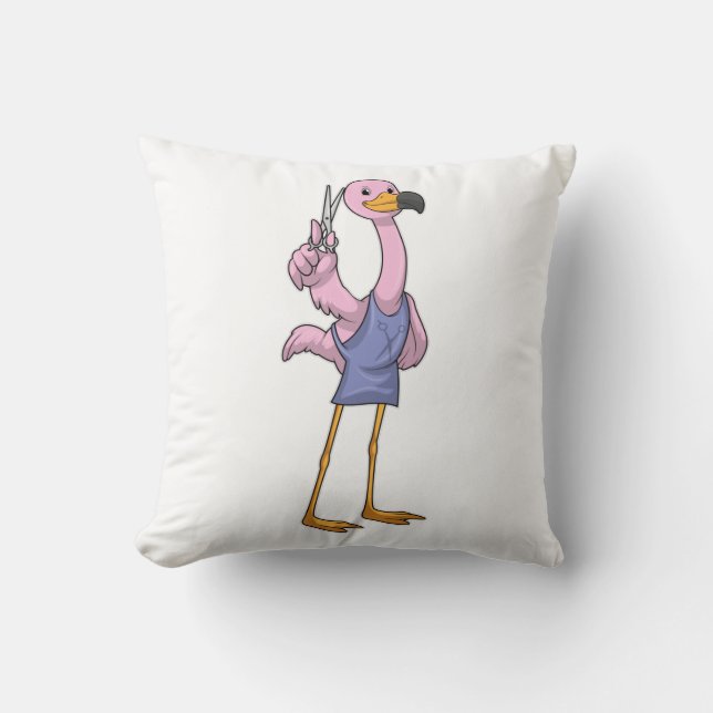 Flamingo as Hair stylist with Scissors Throw Pillow (Front)
