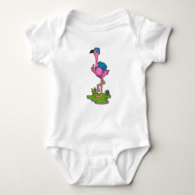 Flamingo as Hiker with Backpack Baby Bodysuit (Front)