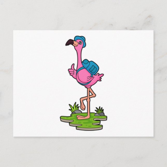 Flamingo as Hiker with Backpack Postcard (Front)