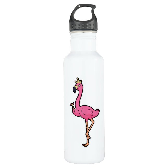 Flamingo as King with Crown & Staff Stainless Steel Water Bottle (Front)
