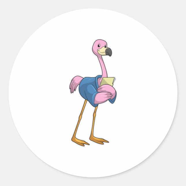 Flamingo as Secretary with Notepad Classic Round Sticker (Front)