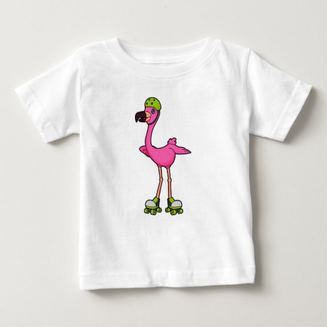 Flamingo as Skater with Roller skates & Helmet Baby T-Shirt (Front)