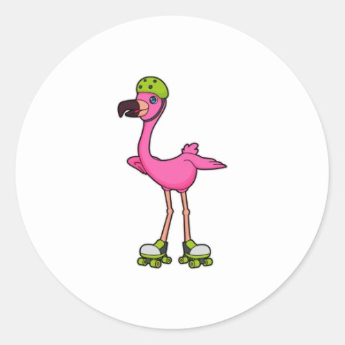 Flamingo as Skater with Roller skates  Helmet Classic Round Sticker