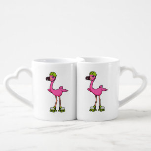 Flamingo as Skater with Roller skates & Helmet Coffee Mug Set