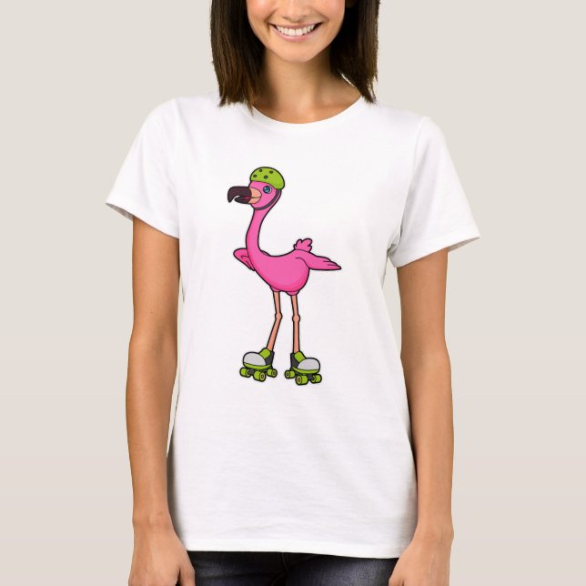 Flamingo as Skater with Roller skates & Helmet T-Shirt (Front)