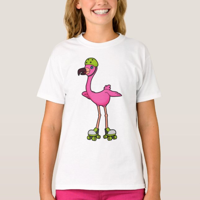 Flamingo as Skater with Roller skates & Helmet T-Shirt (Front)