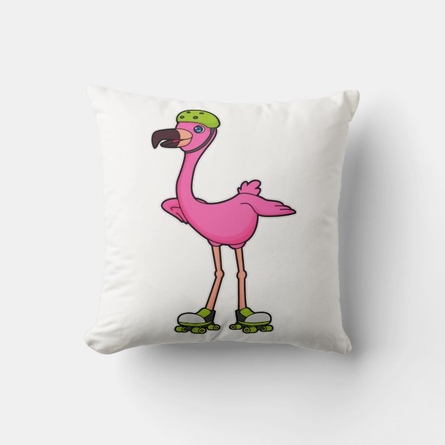 Flamingo as Skater with Roller skates & Helmet Throw Pillow (Front)